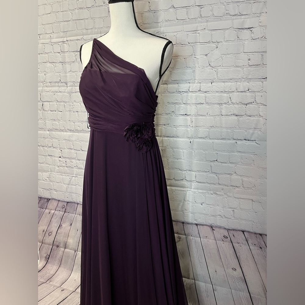 One shoulder floor length gown in eggplant